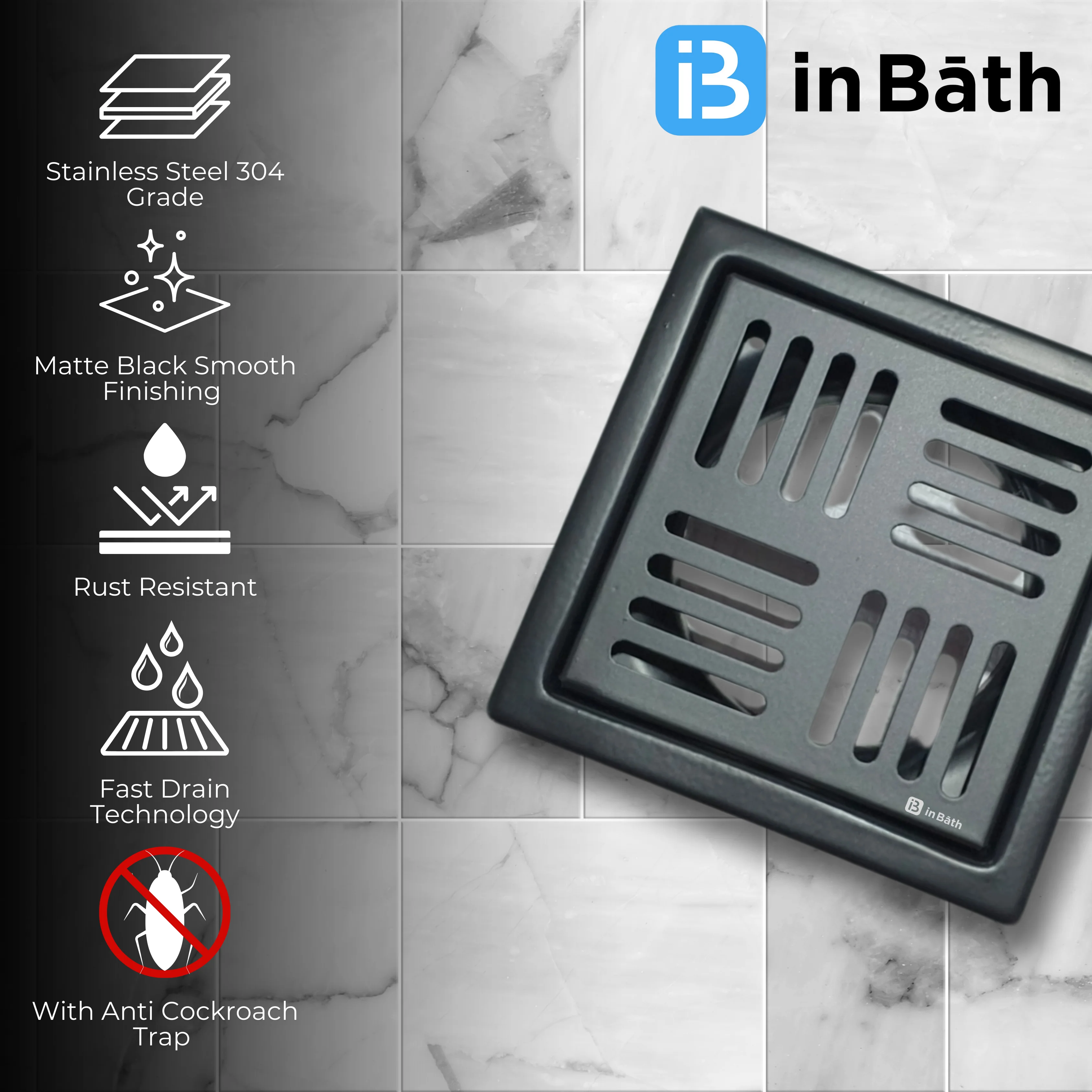 Arena Black Square Floor Drain (SS 304  Grade) - Image 3