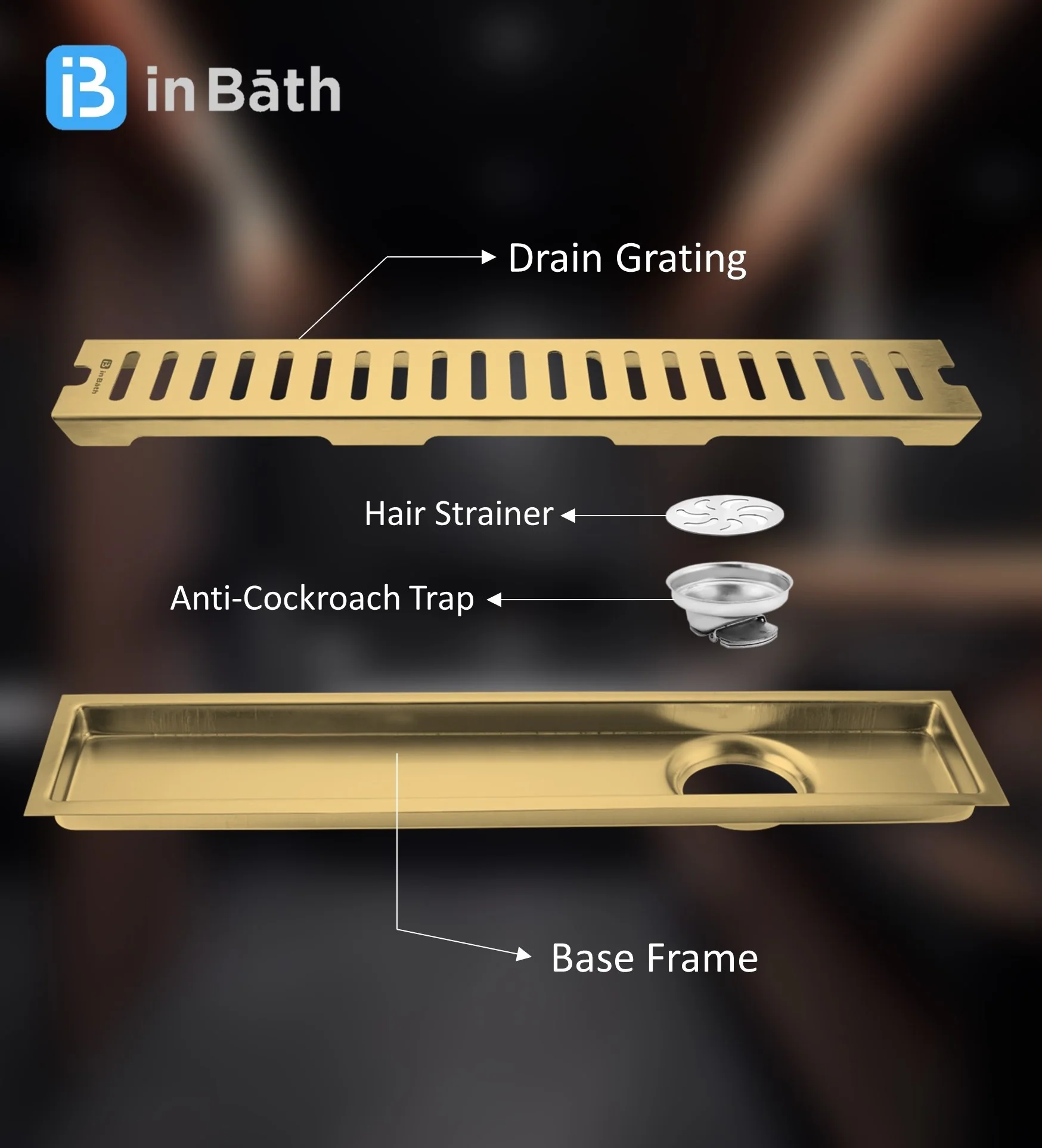 Gold (PVD) Classic Shower Drain Channel (SS304 Grade) - Image 3