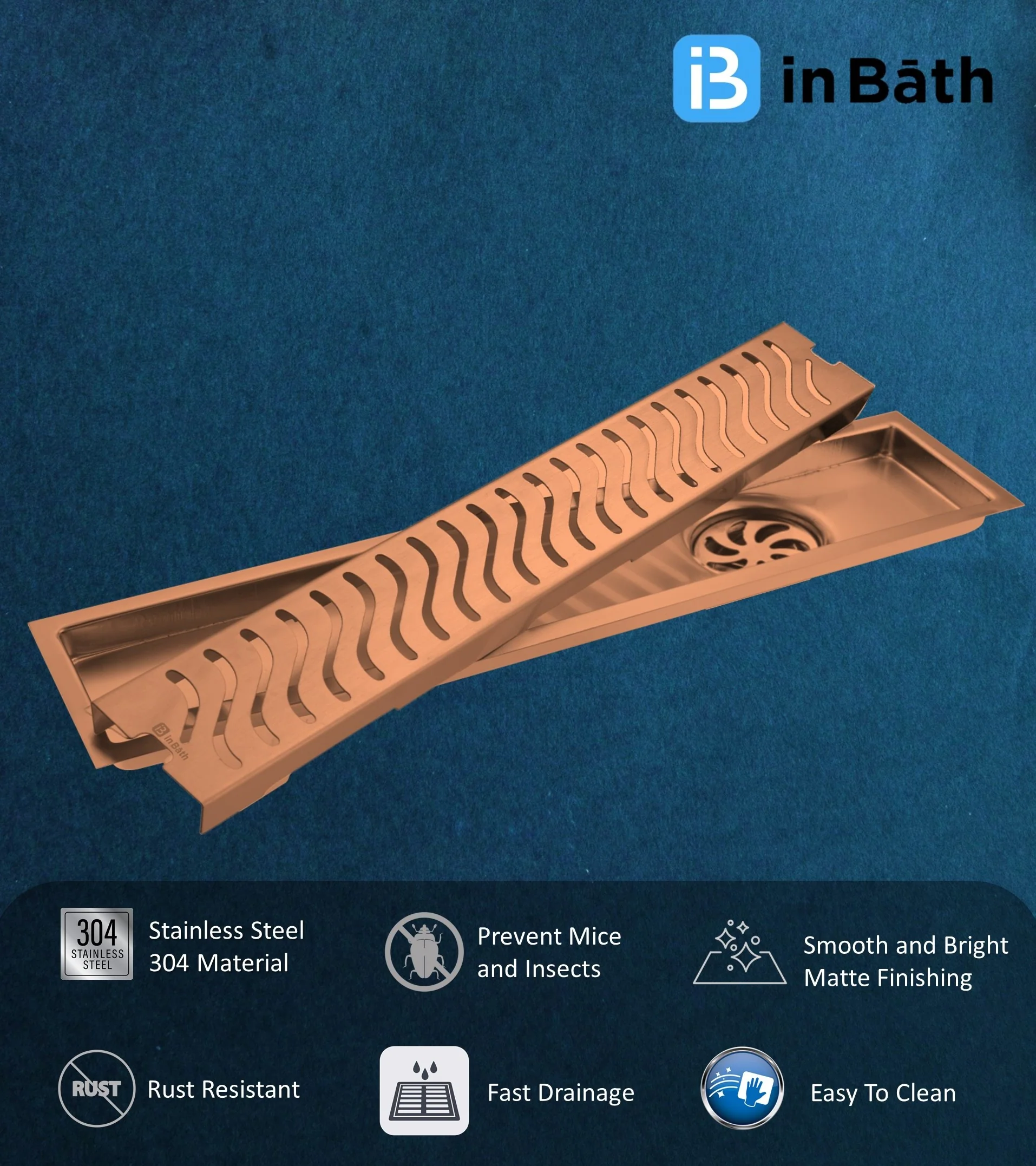 Rose Gold (PVD) Wave Shower Drain Channel (SS304 Grade) - Image 3